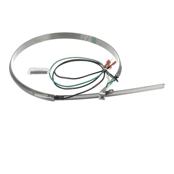 A metallic circular band with attached electrical wires and connectors, likely a heating element component.