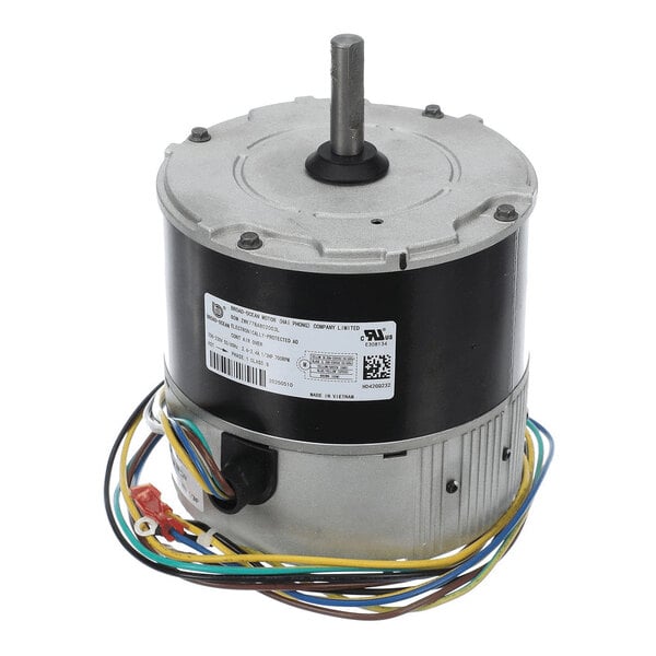 A cylindrical electric motor with a central shaft and multiple colored wires extending from its base.