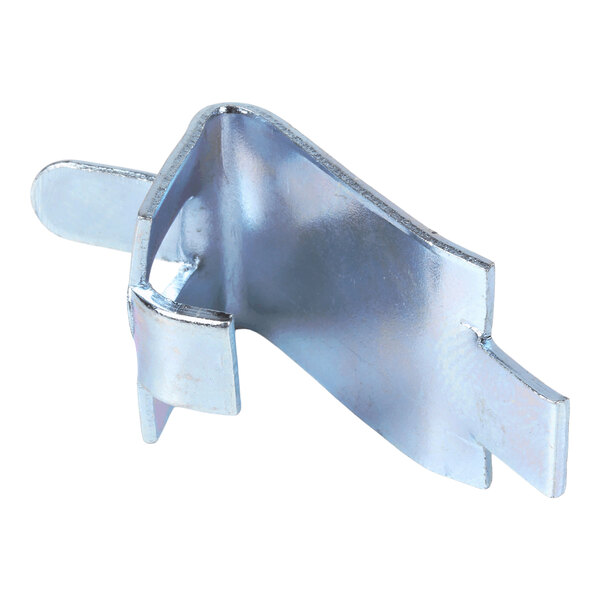 A metallic, L-shaped clip with a shiny, plated finish and angled edges, likely used for securing or supporting objects.