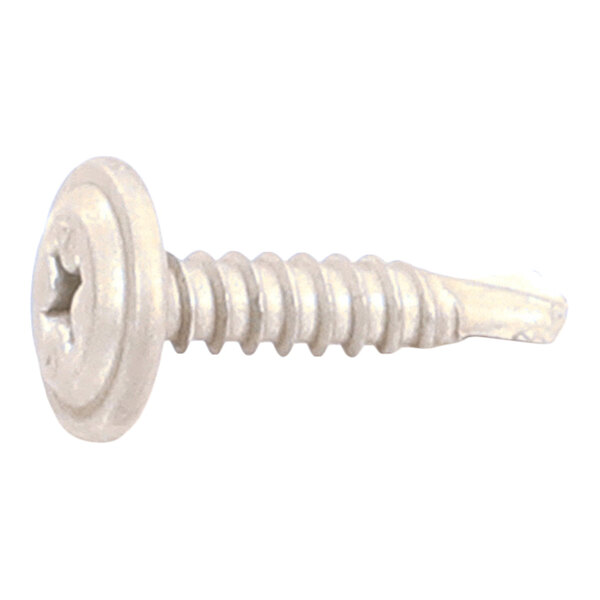 A silver-colored screw with a flat, wide head and a Phillips drive, featuring a self-drilling tip and coarse threads.