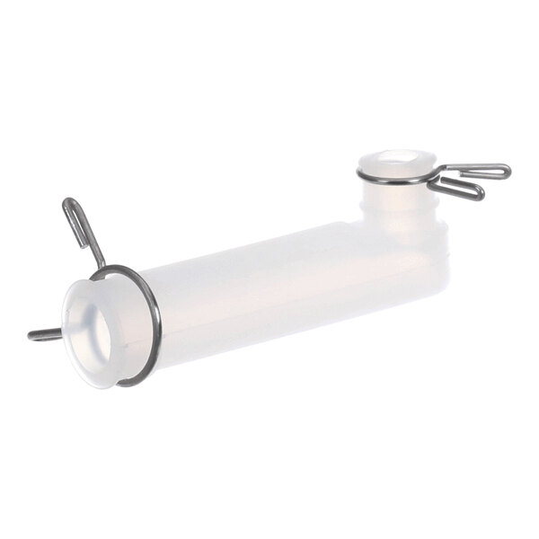 A translucent, L-shaped silicone elbow connector with metal clips attached at both ends.