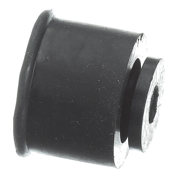 A black cylindrical rubber component with a flange on one end and a central hole, likely used for vibration isolation.
