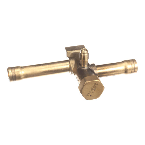 A brass valve with two horizontal tube connections and a central threaded port.