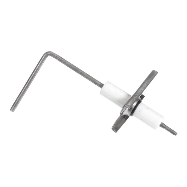 A metal rod with a right-angle bend, mounted through two white cylindrical insulators and a metal bracket.
