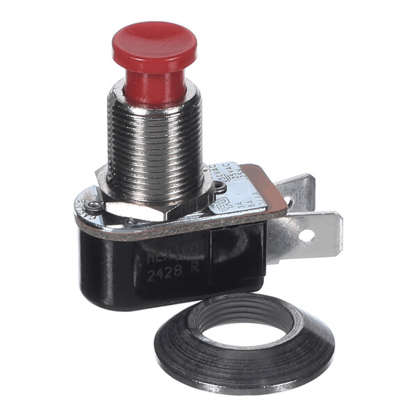 A metallic push-button switch with a red button and a separate circular mounting ring.