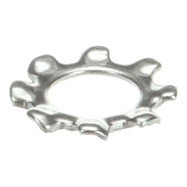 A metal washer with multiple raised, toothed edges arranged in a circular pattern.