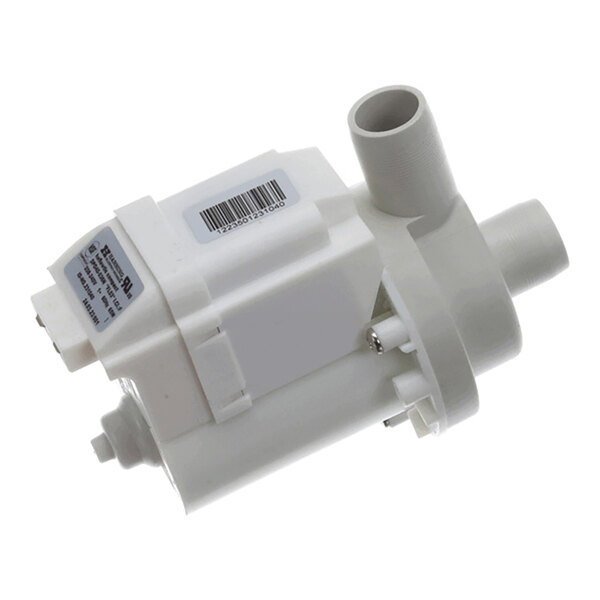 A white plastic pump component with two cylindrical pipe connections and a barcode label on top.