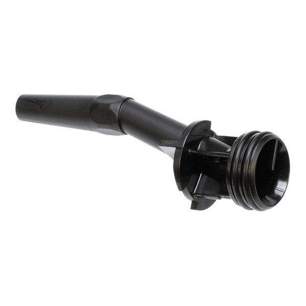 A black plastic nozzle assembly with a threaded end and an angled spout.