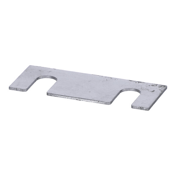 A flat, rectangular metal shim with two U-shaped cutouts on opposite sides, made of aluminum.