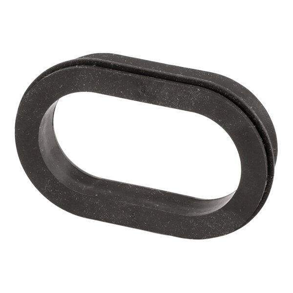 A black, oval-shaped rubber or rubber-like gasket or boot with a groove around its outer edge.