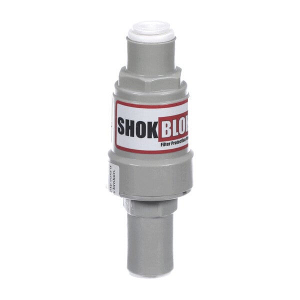 A gray cylindrical device with a white cap and a label that reads 'SHOKBLOK' in black and red text.