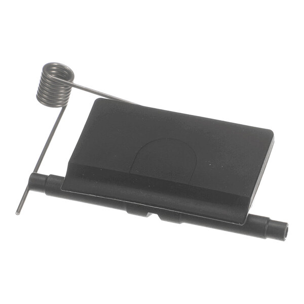 A black rectangular component with an attached metal spring and rod, likely part of a mechanical assembly.