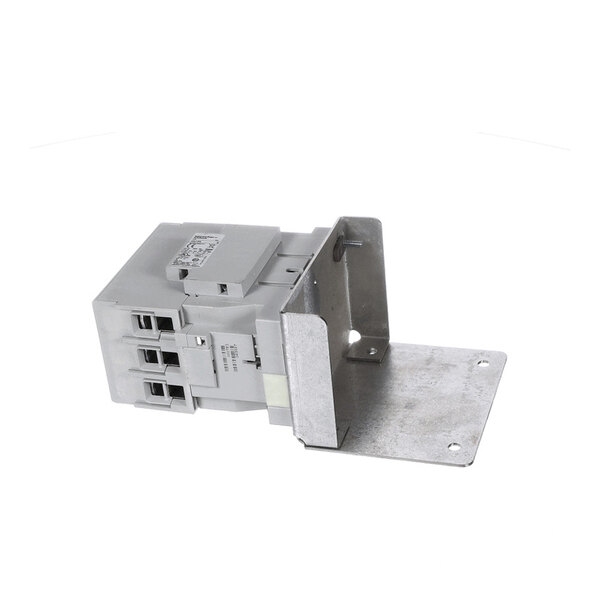 A gray electrical contactor unit mounted on a metal bracket with multiple connection ports visible.