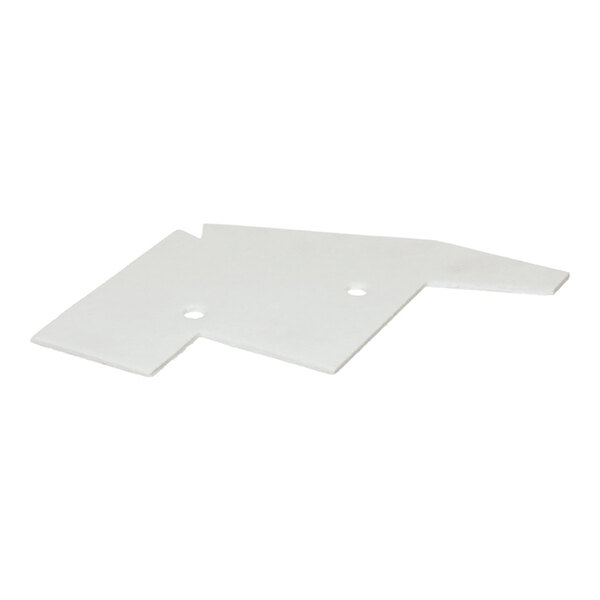 A flat, irregularly shaped white piece with two holes, likely made of an insulating material.