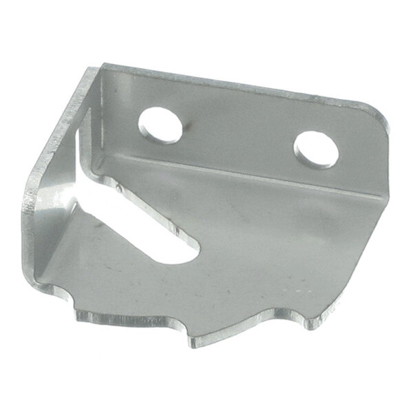 A metal bracket with two circular holes and a notched edge, likely used for mounting or support purposes.