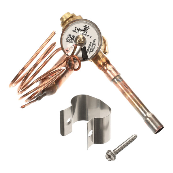 A metal valve assembly with coiled copper tubing, a mounting bracket, and a screw, all placed on a white background.