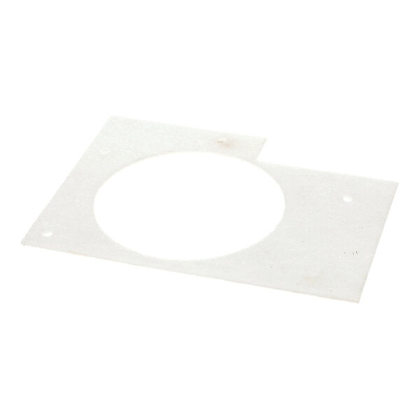 A thin, rectangular white gasket with a large circular cutout in the center and several smaller holes near the edges.