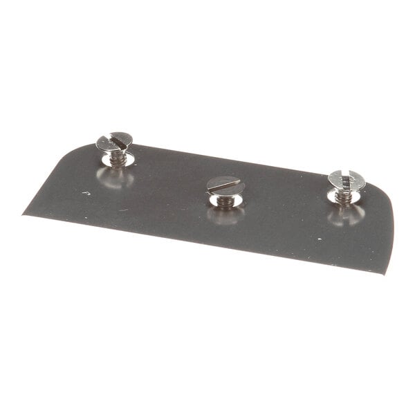A flat metal blade with three screws attached, likely part of a mechanical assembly.