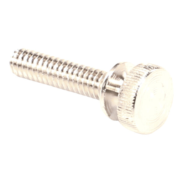 A metal screw with a knurled, round head and threaded shaft.