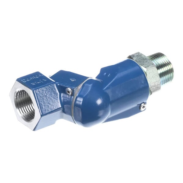 A blue and metallic angled pipe fitting with threaded ends, featuring a swivel joint in the middle.