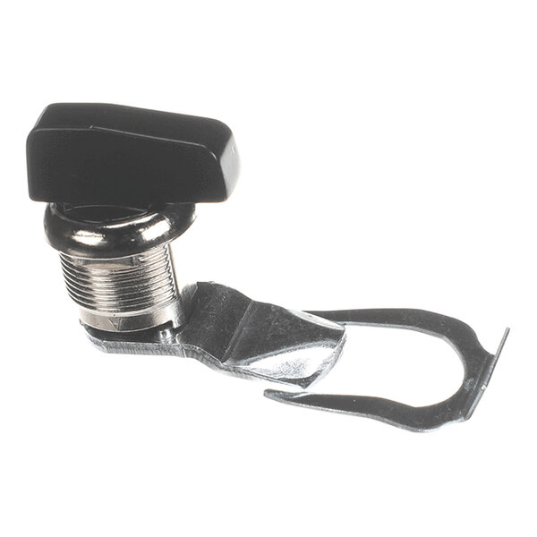 A metal latch with a black plastic knob and a nickel finish, featuring a quarter-turn locking mechanism.