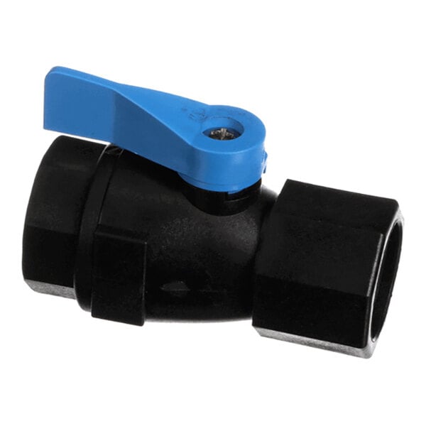 A black plastic ball valve with a blue lever handle and threaded ends.