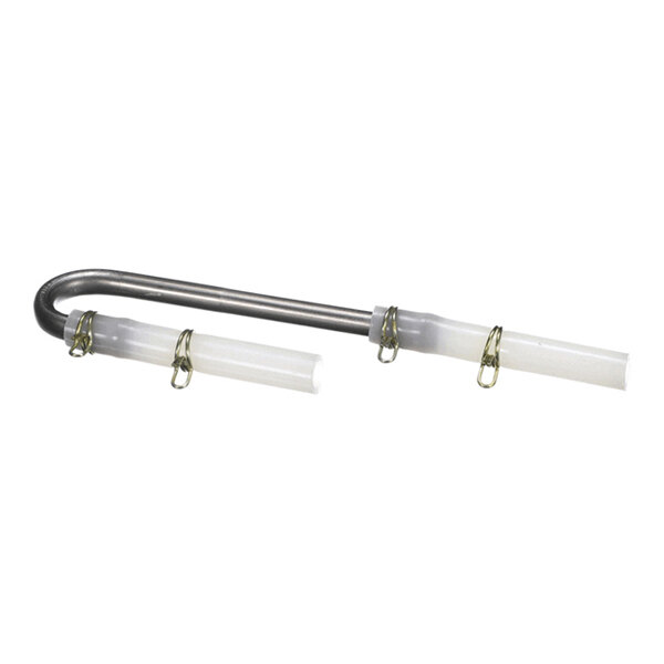 A metal pipe elbow with attached white plastic hoses secured by metal hose clamps.