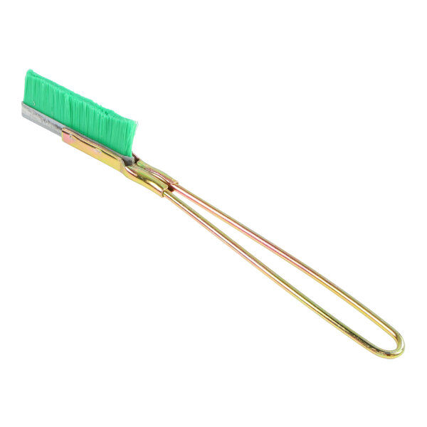A slim brush with green bristles and a long, thin metal handle.