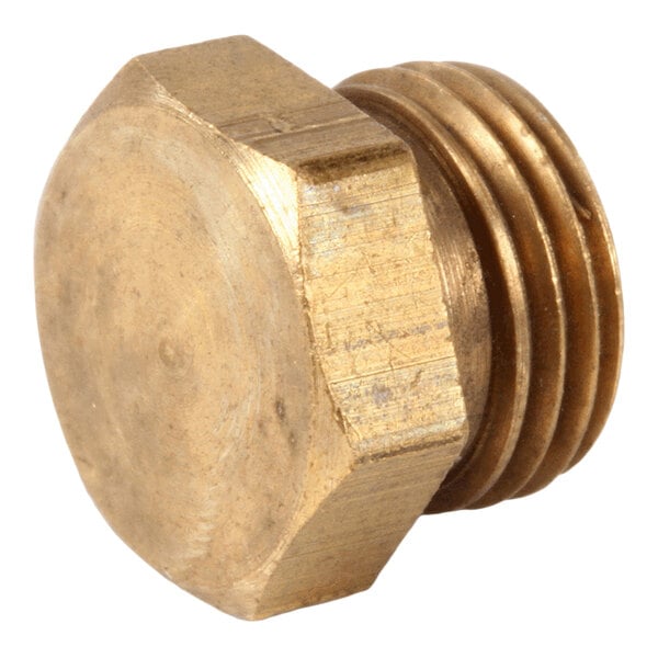 A brass-colored, hexagonal metal plug with external threading on one end.