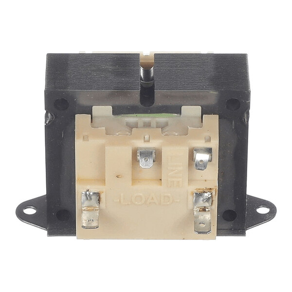 A rectangular electrical transformer with metal terminals labeled 'LINE' and 'LOAD' on a beige base, mounted on a black frame with two mounting tabs.