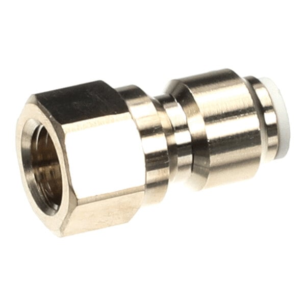A metallic fitting with a hexagonal nut on one end and a cylindrical connector on the other end.