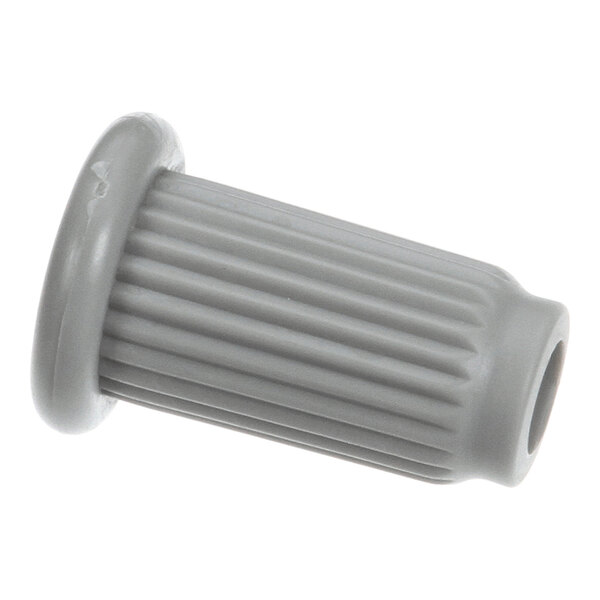 A gray, ribbed cylindrical plastic piece with a flared end and a hole through the center.