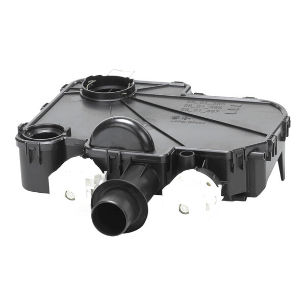 A black plastic component with multiple circular openings and protrusions, featuring two white connectors on the front side.