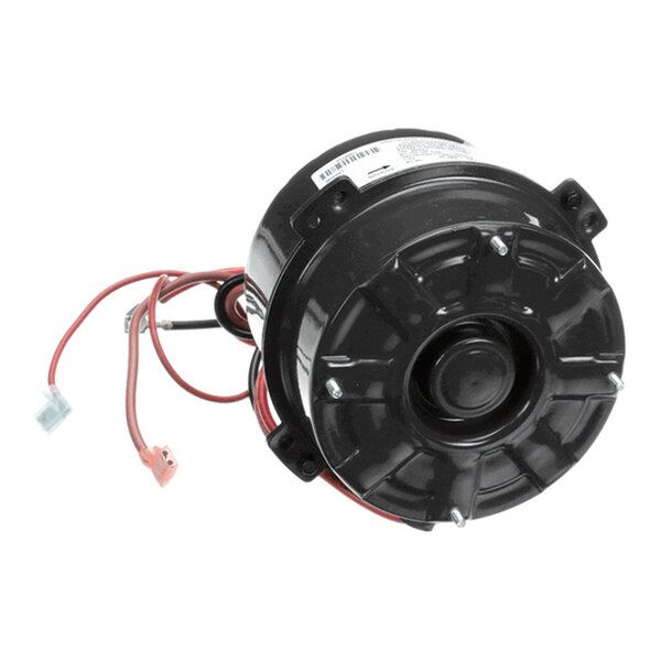 A black cylindrical motor with attached red and black wires and connectors.