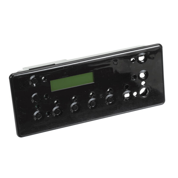 A rectangular black control panel with multiple circular button cutouts and a small rectangular display screen.
