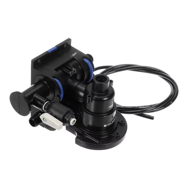 A black mechanical component with cylindrical parts, a valve, and attached wiring, likely used for fluid or water filtration systems.