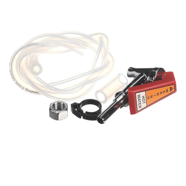 A metal faucet assembly kit with a red handle labeled 'HOT WATER,' accompanied by a hose, nut, and plastic ring.