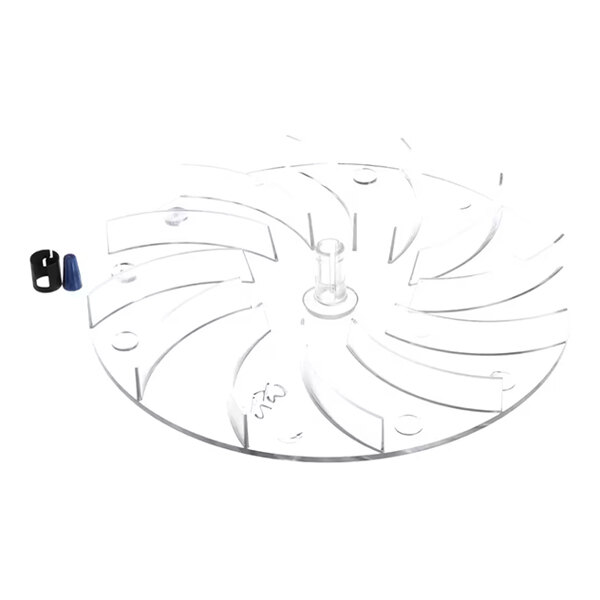 A transparent, circular plastic component with curved internal fins and a central hub, accompanied by two small separate parts.