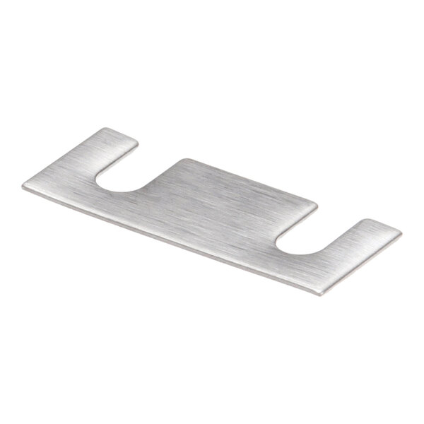 A flat, rectangular metal shim with two U-shaped cutouts on opposite sides, likely used for door hinge adjustments.