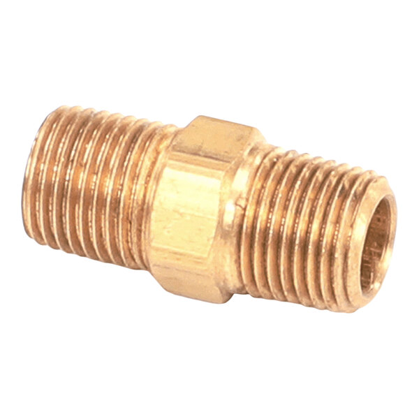 A brass-colored metal pipe fitting with threaded ends and a hexagonal center section.