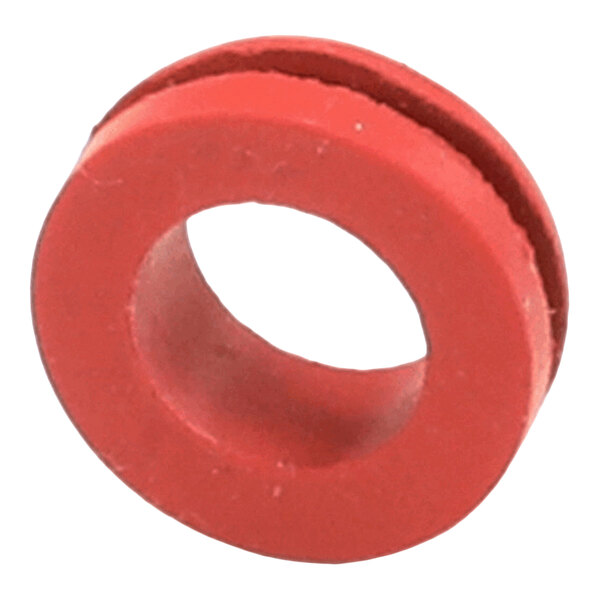 A red rubber grommet with a central hole and a groove around its outer edge.