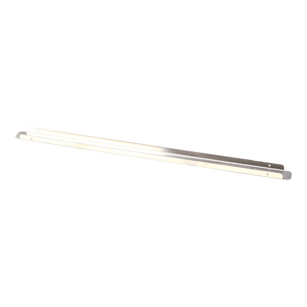 A long, narrow metallic divider with a slight curve at one end and two small holes at the other end, photographed on a white background.