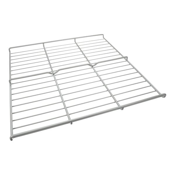 A metal wire rack with a rectangular shape and evenly spaced horizontal bars.