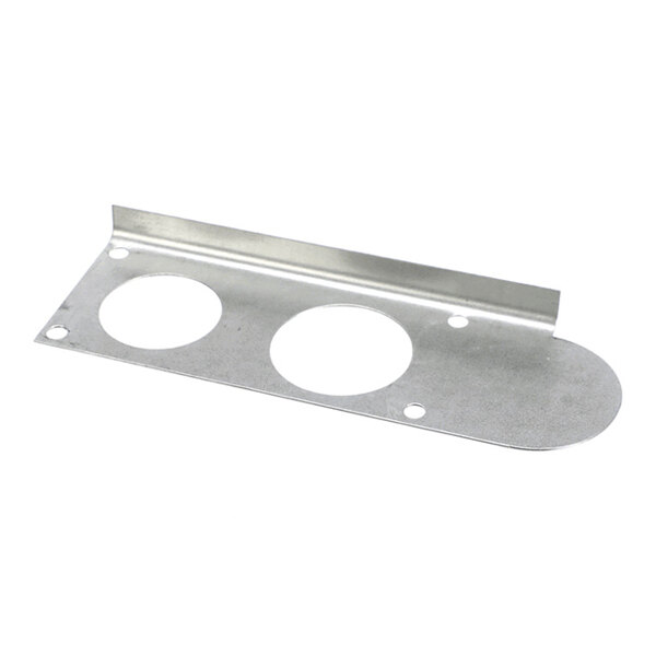 A flat metal plate with two large circular cutouts, several smaller holes, and a bent edge on one side.
