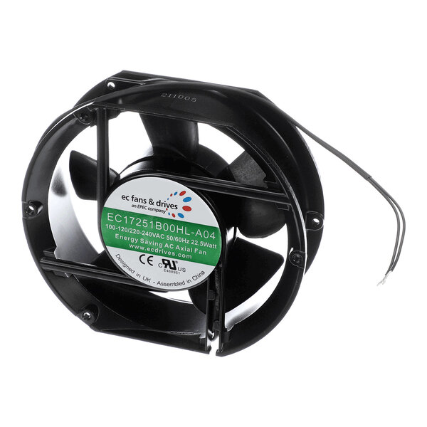 A black circular electric fan assembly with a protective grill and attached wires, featuring a green and white label at the center.