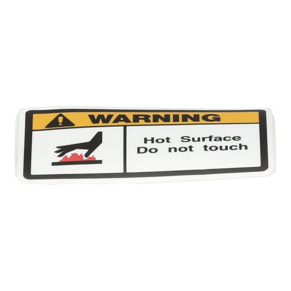 A rectangular warning label with a yellow header reading 'WARNING,' an icon of a hand above red heat waves, and the text 'Hot Surface Do not touch.'
