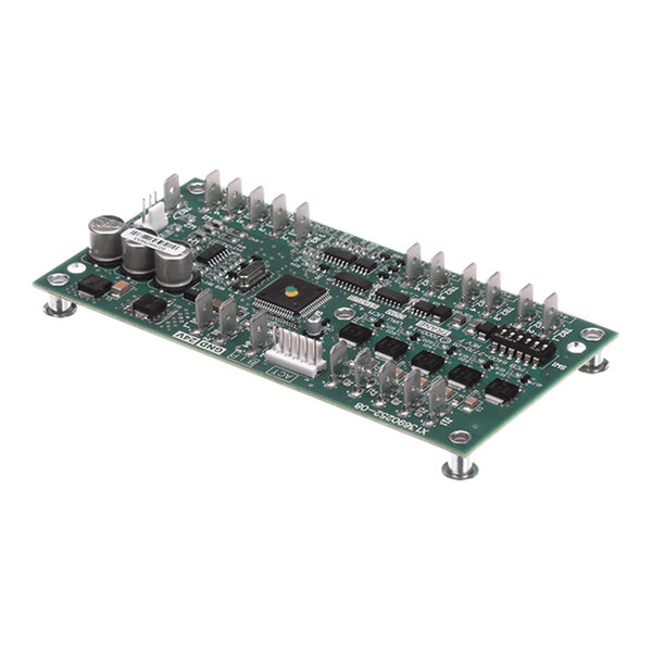 A green printed circuit board with various electronic components, including capacitors, integrated circuits, and connectors, mounted on four standoffs.