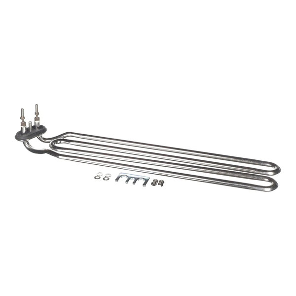 A metal heating element with two terminals and mounting hardware, including washers, nuts, and a bracket, displayed on a white background.