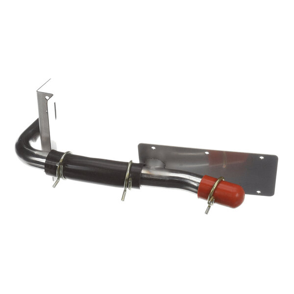 A metal exhaust assembly with a curved pipe, mounting brackets, and a red cap on one end.
