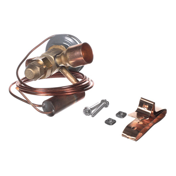 A brass valve assembly with attached copper tubing, a copper mounting bracket, and small hardware pieces including screws and nuts, all arranged on a white background.